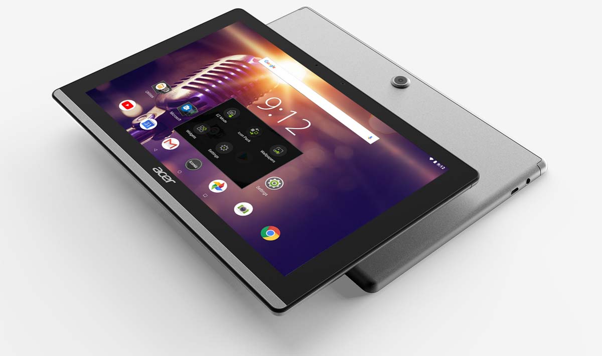 Acer Iconia One 10 Devices Lying Flat, One Facing Up, the Other Down