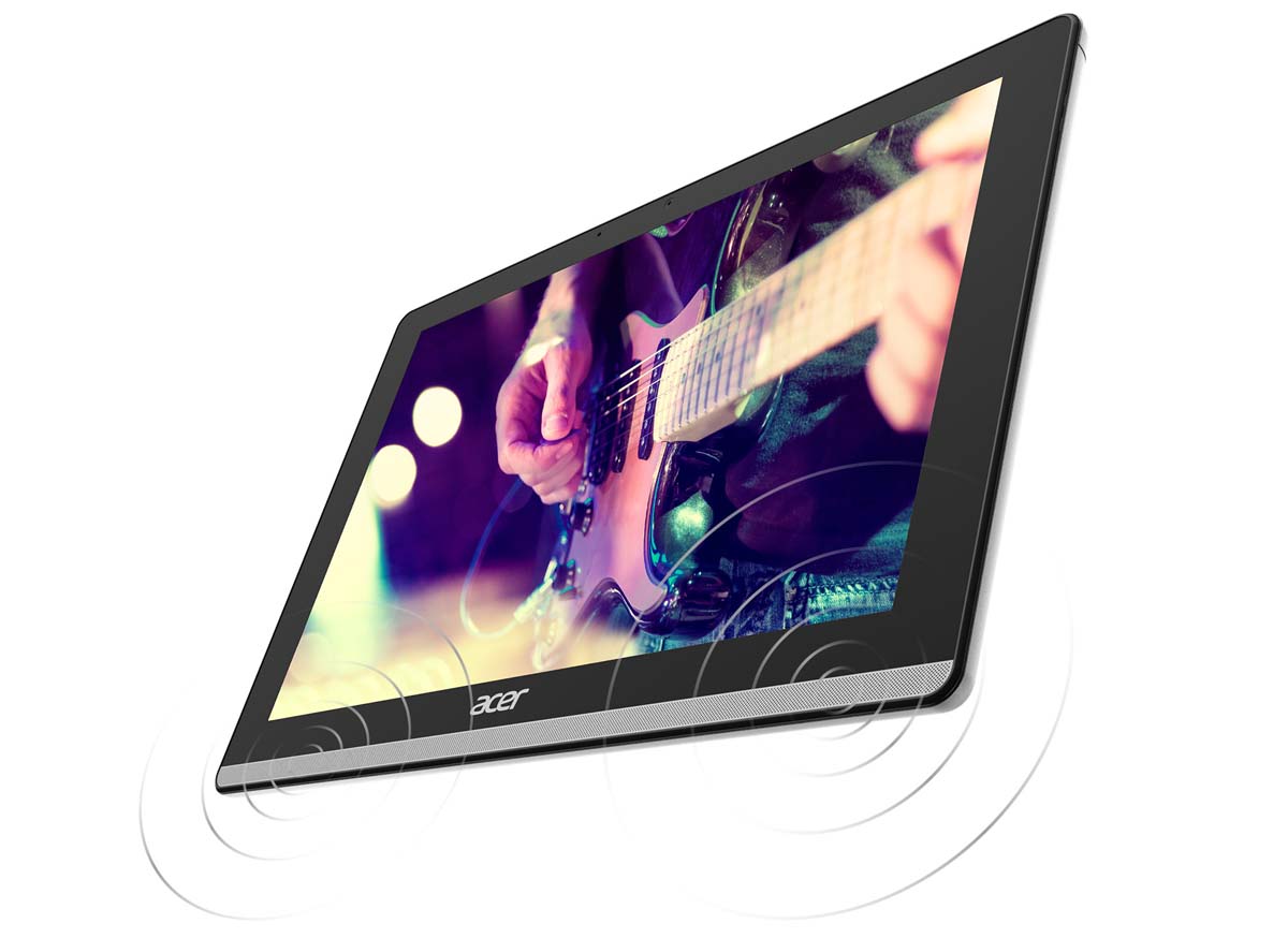Acer Iconia One 10 Angled to the Left Showing a Closeup of Hands Playing a Guitar