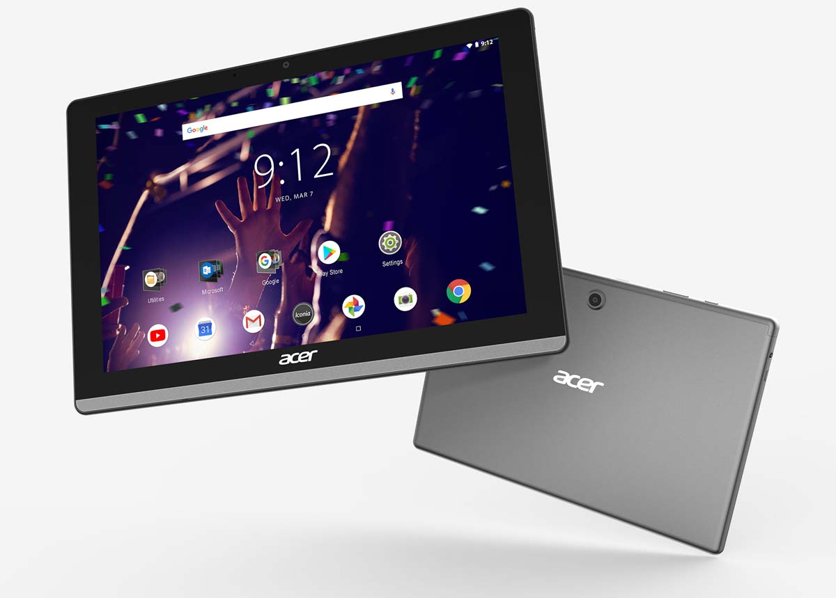 Acer Iconia One 10s, One Facing Forward Showing the Home Screen and the Other Facing Away