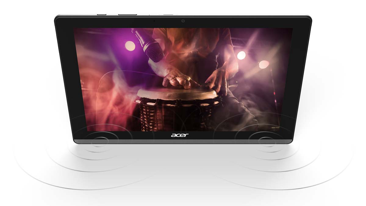 Acer Iconia One 10 Facing Forward, Angled Down Slightly Showing a Closeup of a Bongo Player Playing Live