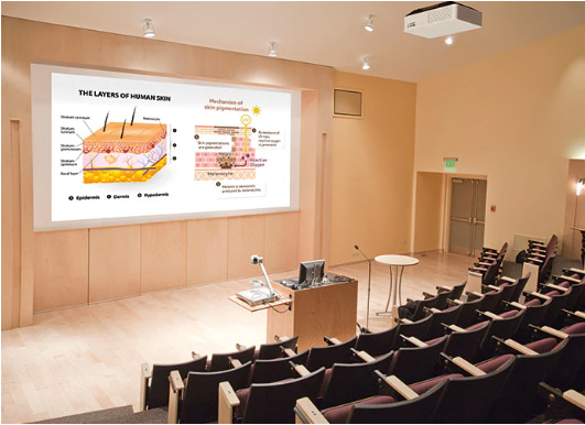 a hall with many chairs and monitor