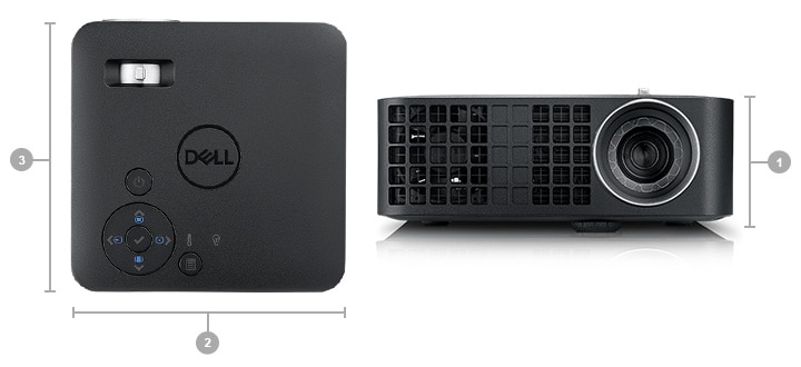 Two shots of the Dell M318WL projector, one of the top of the product and the other facing forward while lying flat