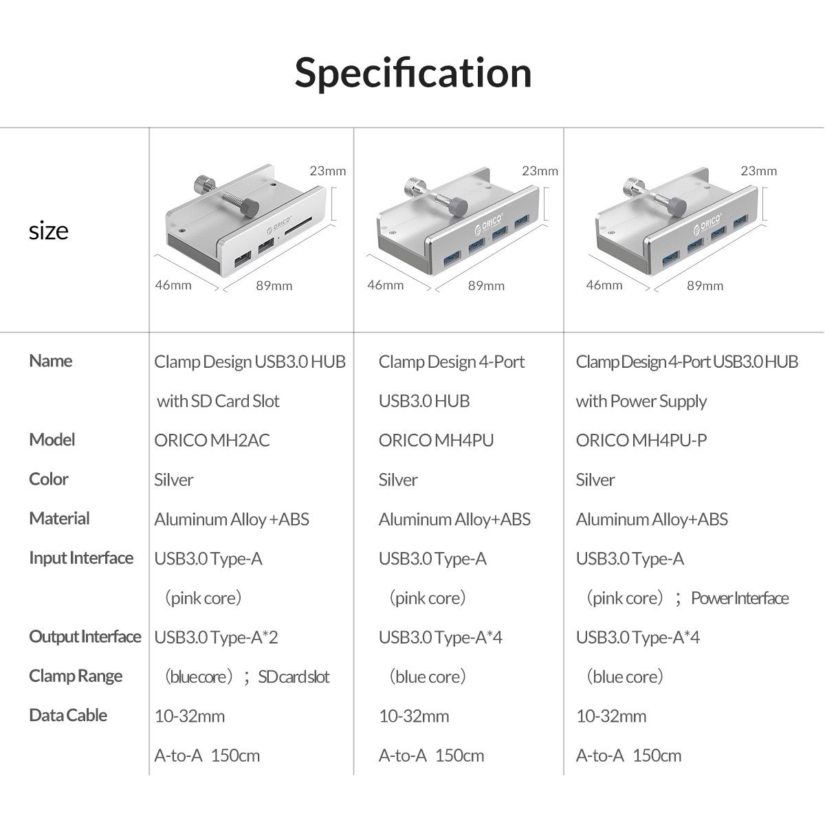 ORICO MH4PU Aluminum 4 Ports USB 3.0 Clip-type HUB