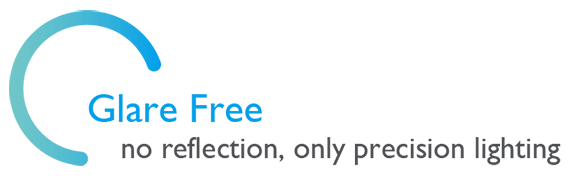 Text that reads: Glare Free no reflection, only precision lighting