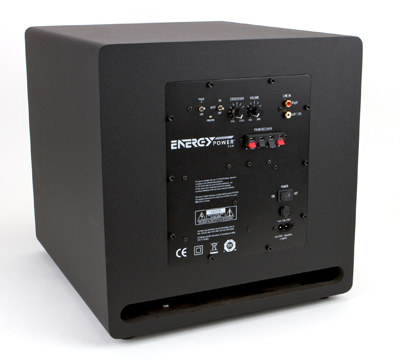 The rear of the subwoofer with line-in and speaker level terminals and slot port design