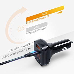 A cable plugged into the USB-C port, with texts and graphs describing the T2’s charging capability