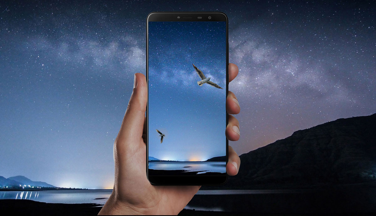A Hand Holding Up a Hisense Infinity F24 Phone That's Blending with a Night Time Image of an Oceanside Hill at Night with Two Birds Flying in the Sky