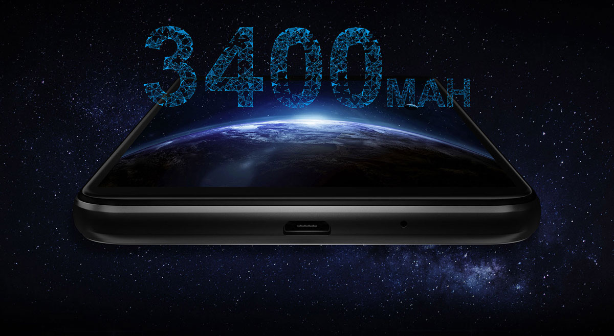3400MAH Stylized Text with the Hisense Infinity F24 Smartphone Going Away Up to Space Angled Up