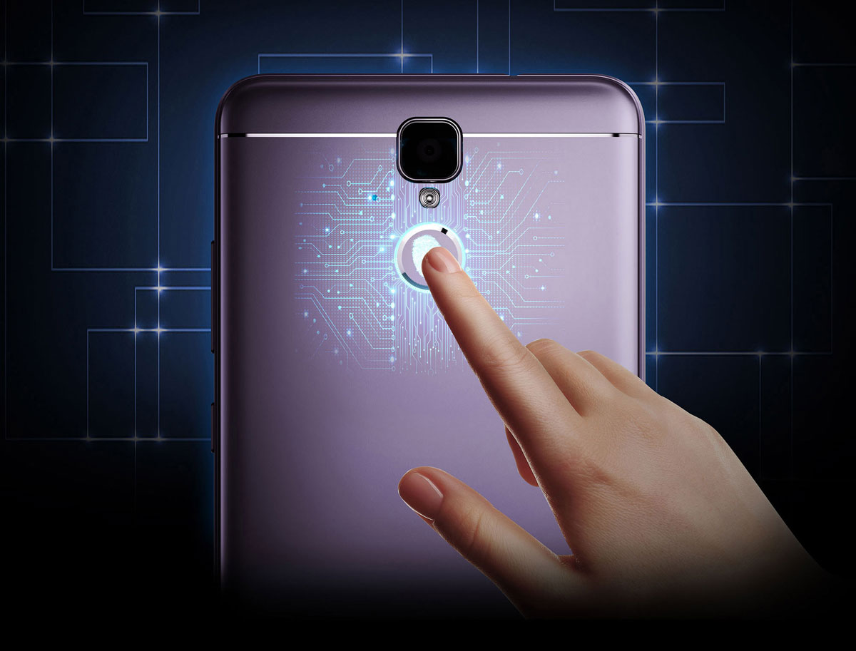 Finger touching the fingerprint sensor behind a pink Hisense Infinity F24 Smartphone Below the Rear Camera