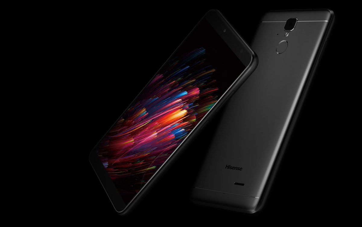 Front and Back of the Hisense Infinity F24 Smartphones Angled Up to the Left