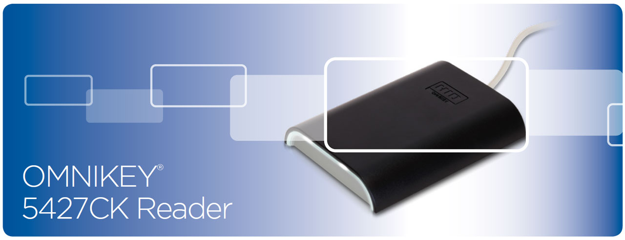 OMNIKEY 5427CK Reader Banner showing the product lying down with a cable coming from it.