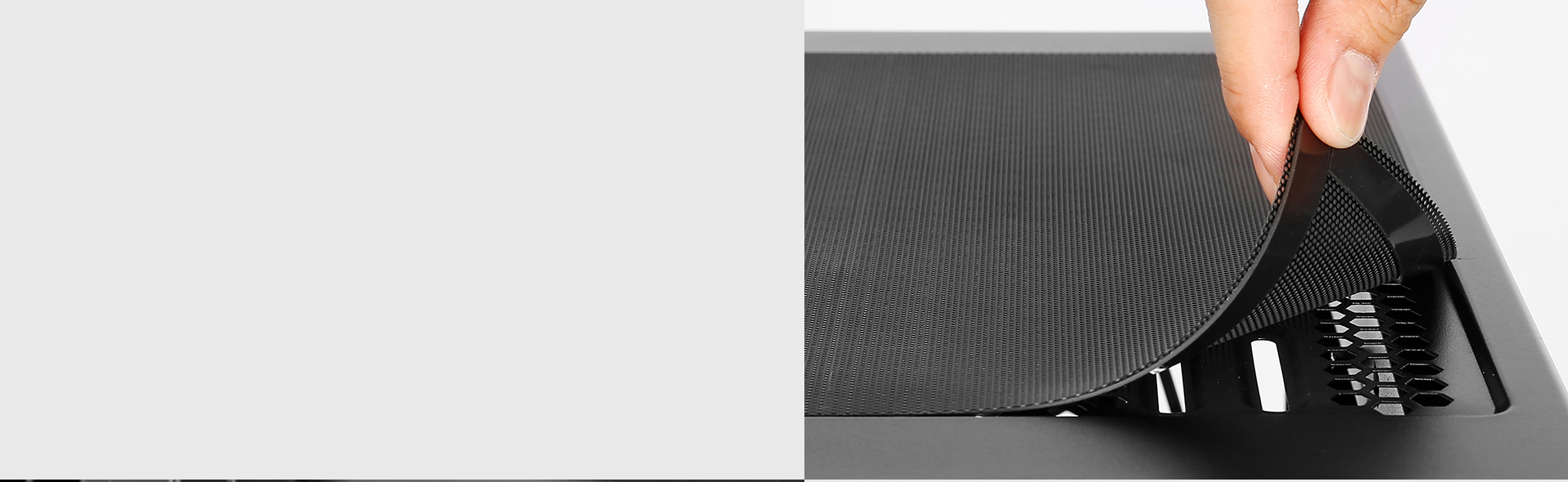 A hand peeling off the magnetic dust filter on top of the Antec Case