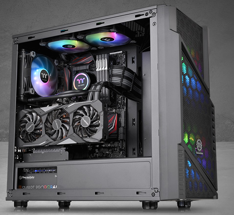 Thermaltake Commander C31 facing to the right fully loaded with components and RGB-lit fans