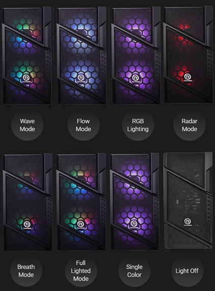 Eight instances of front-facing, RGB-lit Thermaltake Commander C31 cases and text below them that reads: Wave Mode, Flow Mode, RGB Lighting, Radar Mode, Breath Mode, Full Lighted Mode, Single Color and Light Off