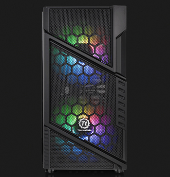 Thermaltake Commander C31 facing forward with two rainbow-lit fans