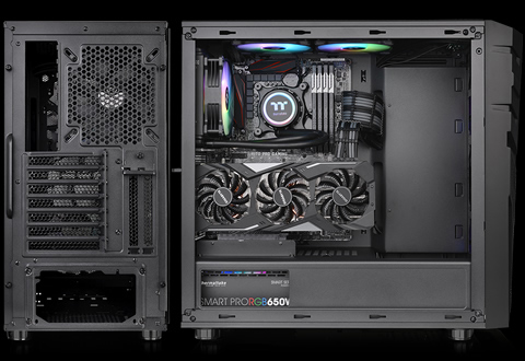 A back shot and side shot of the Thermaltake Commander C31 with the side panel removed and