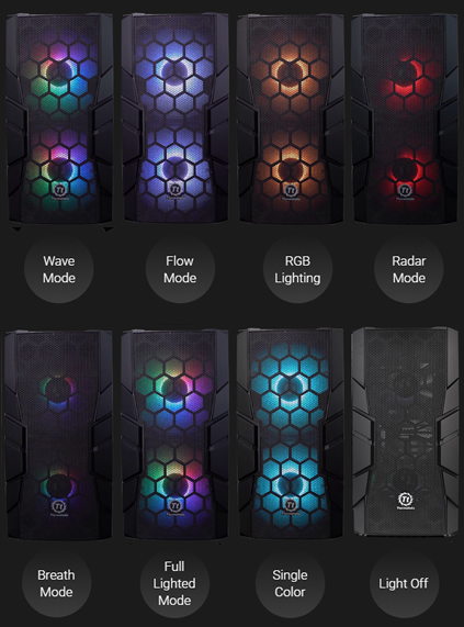 Eight instances of front-facing, RGB-lit Thermaltake Commander C33 cases and text below them that reads: Wave Mode, Flow Mode, RGB Lighting, Radar Mode, Breath Mode, Full Lighted Mode, Single Color and Light Off
