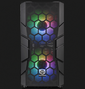 Thermaltake Commander C33 facing forward with two rainbow-lit fans