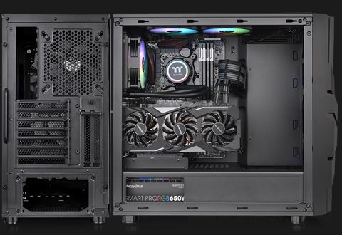 A back shot and side shot of the Thermaltake Commander C33 with the side panel removed and components fully installed