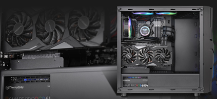 Thermaltake Commander C33 with its side panel removed and components fully installed, the background is a closeup of the case's interiors with the graphics card and power supply closest to the viewer