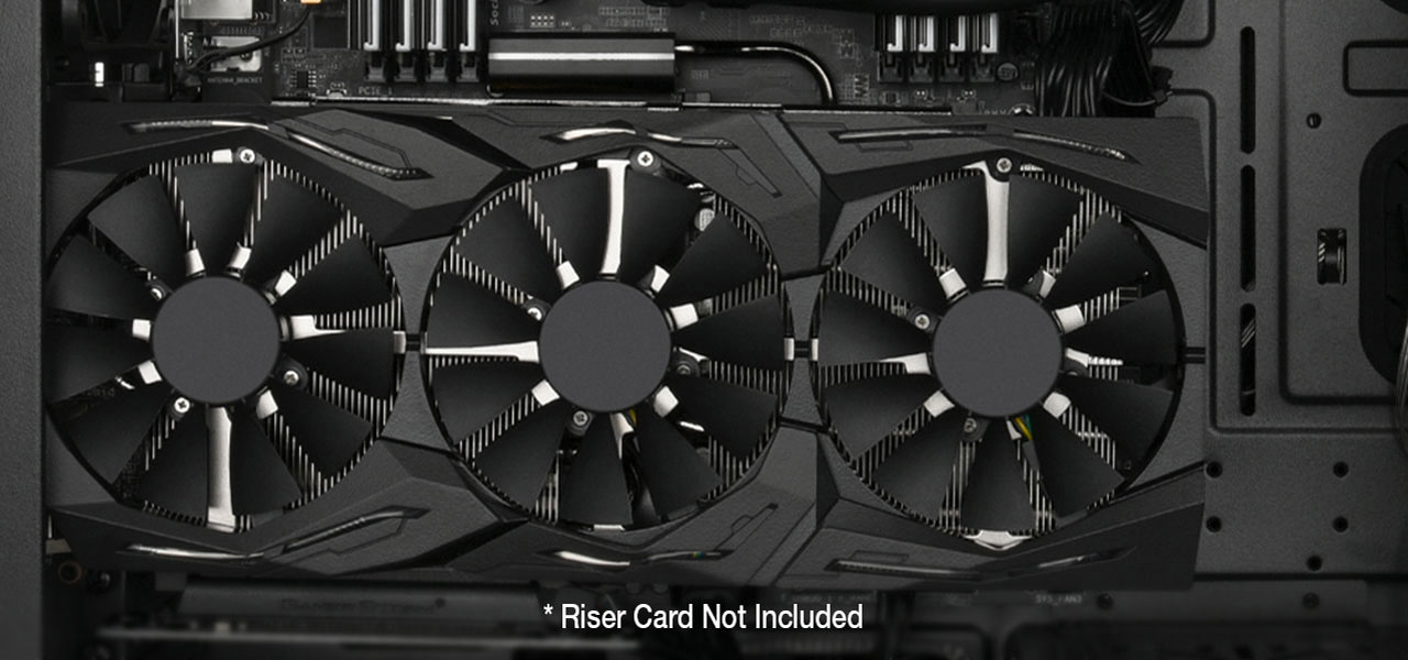 An AORUS graphics card installed inside the Rosewill RISE case. There is a disclaimer that reads: riser card not included