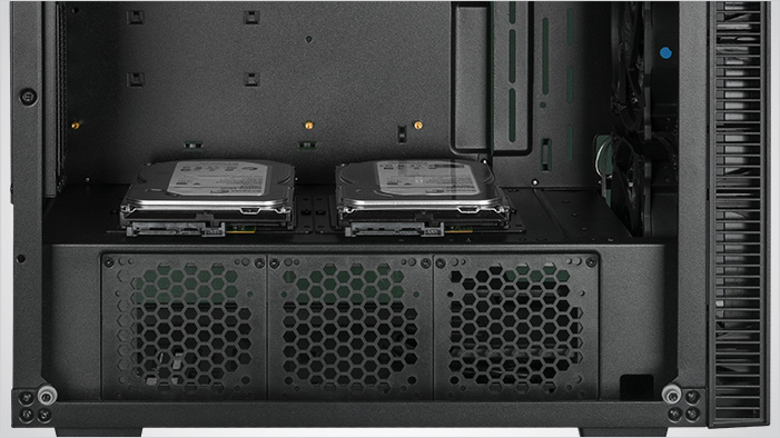 Closeup shot of the storage bays at the bottom of the Rosewill CULLINAN MX-Blue