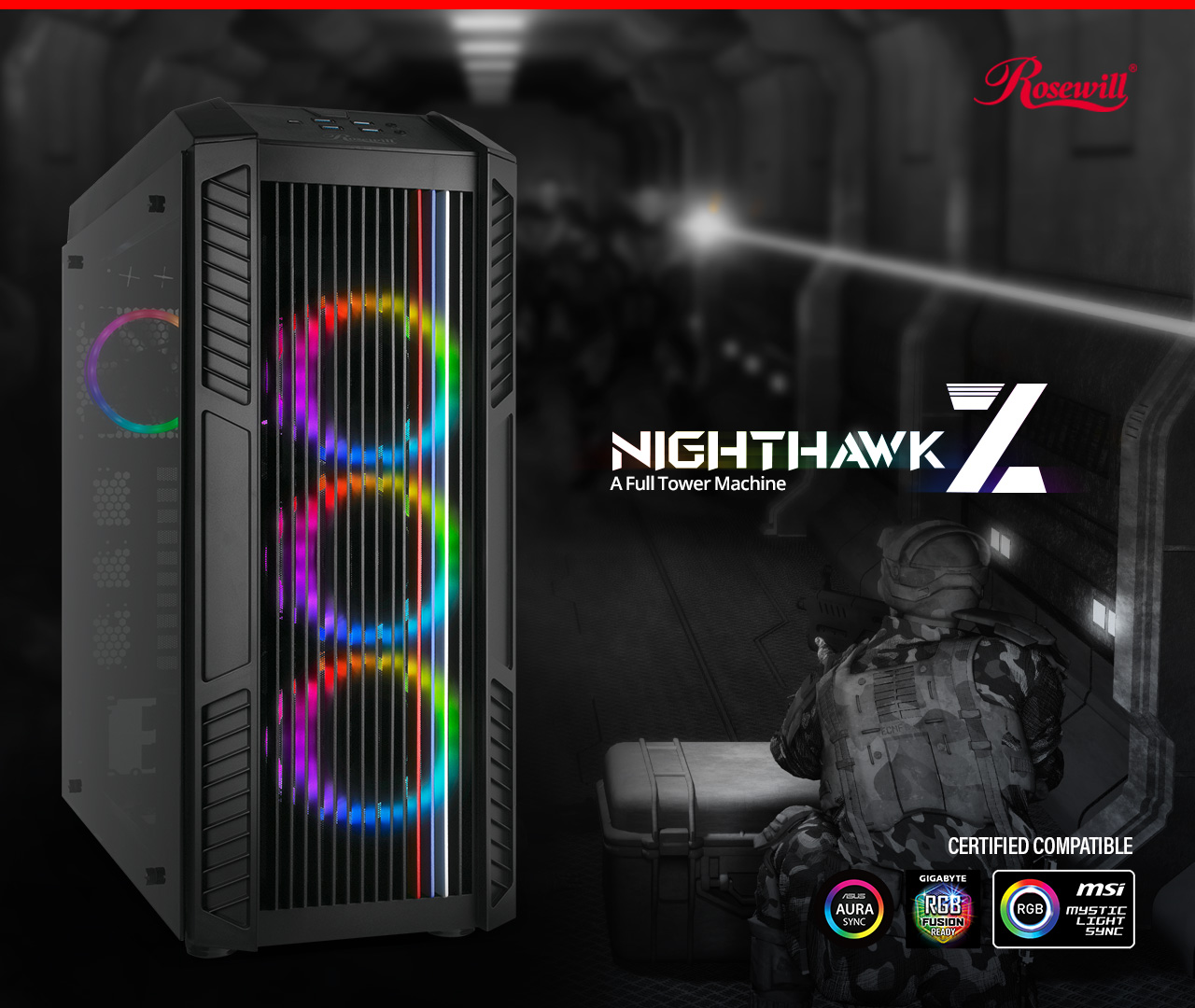 Rosewill NIGHTHAWK Z-RGB case standing up, angled to the right with four rainbow RGB fans, below text that reads: CERTIFIED COMPATIBLE are the ASUS AURA SYNC, GIGABYTE RGB FUSION and MSI MYSTIC LIGHT SYNC logos. The background is a black and white game screenshot of military combat