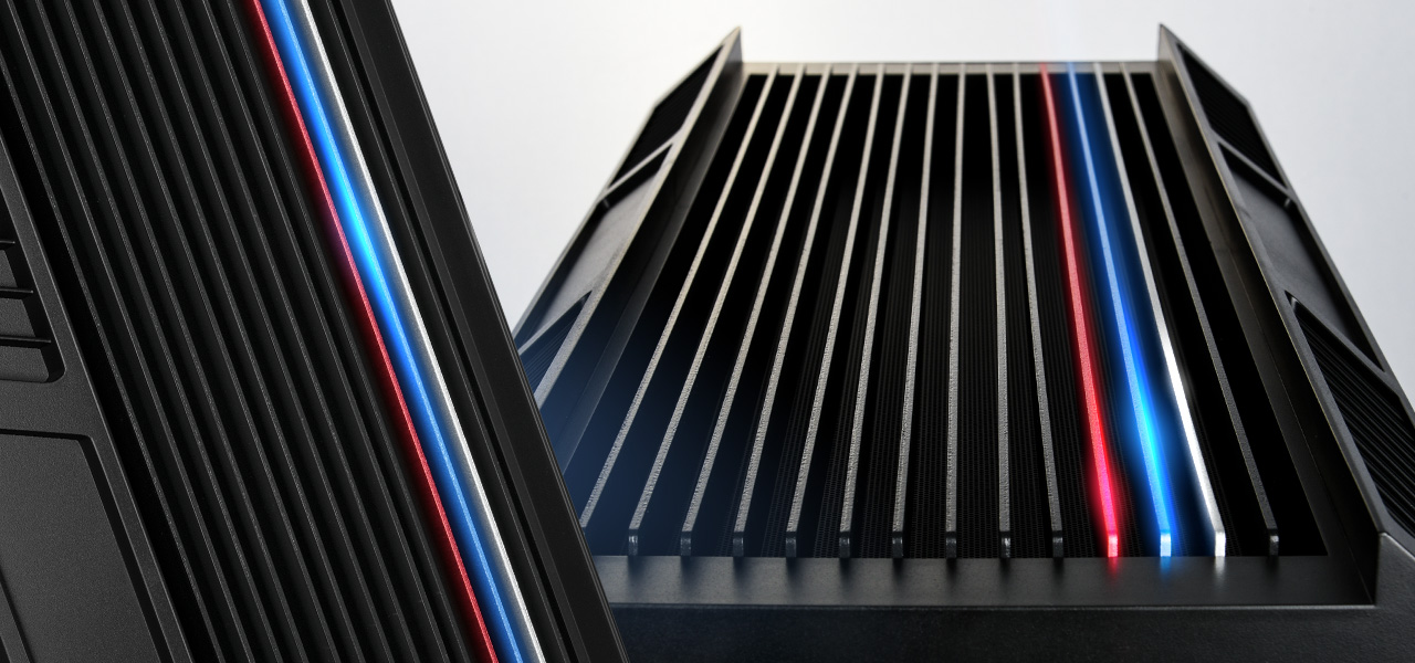 top and front of the Rosewill NIGHTHAWK Z-RGB showing red white and blue light stripes