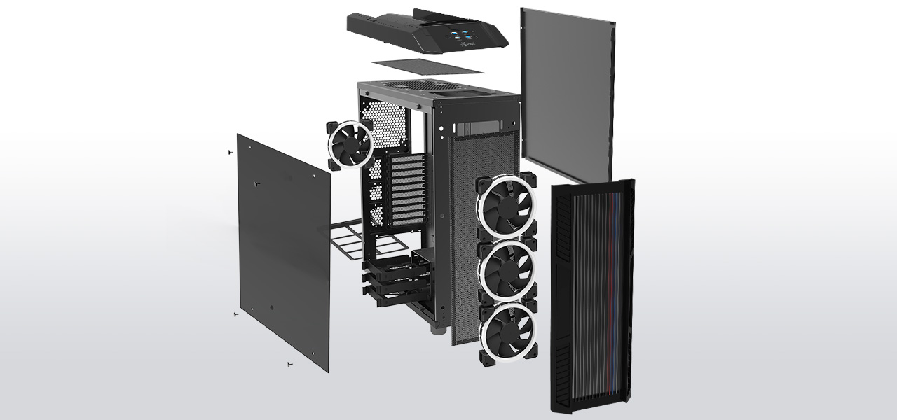 All Pieces of the Rosewill NIGHTHAWK Z-RGB Case Floating Next to Each Other, Angled to the Right