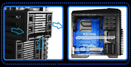 STACKABLE MODULAR DESIGN HDD CAGE ALLOWS MORE ROOM FOR INSTALLING A BIGGER PSU AND SUFFICIENT DEPTH OF CHASSIS FOR INSTALLING LONG CARDS.