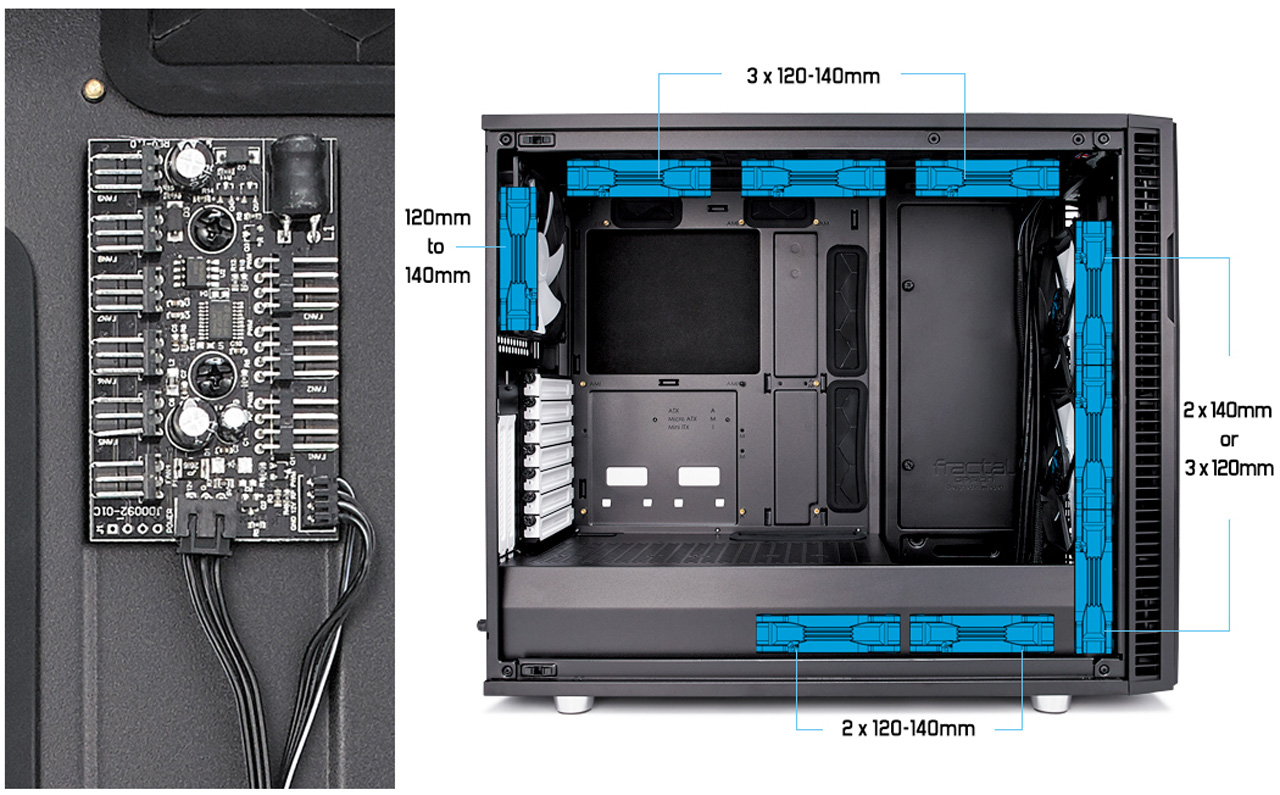 Define R6 offers superior fan control of six additional case fans
and three PWM devices