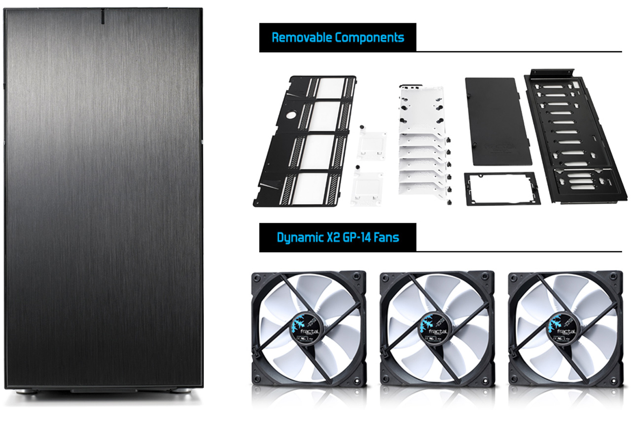 Define R6 front view and removable components and three dynamic X2 GP-14 fans