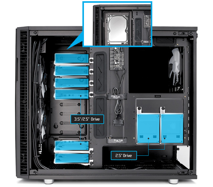 Define R6 includes six universal drive trays front view