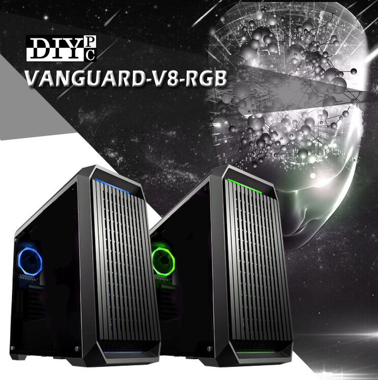 DIYPC Vanguard-V8-RGB Banner with two cases, one blue the other green with the graphic of a human head with molecules coming out of it