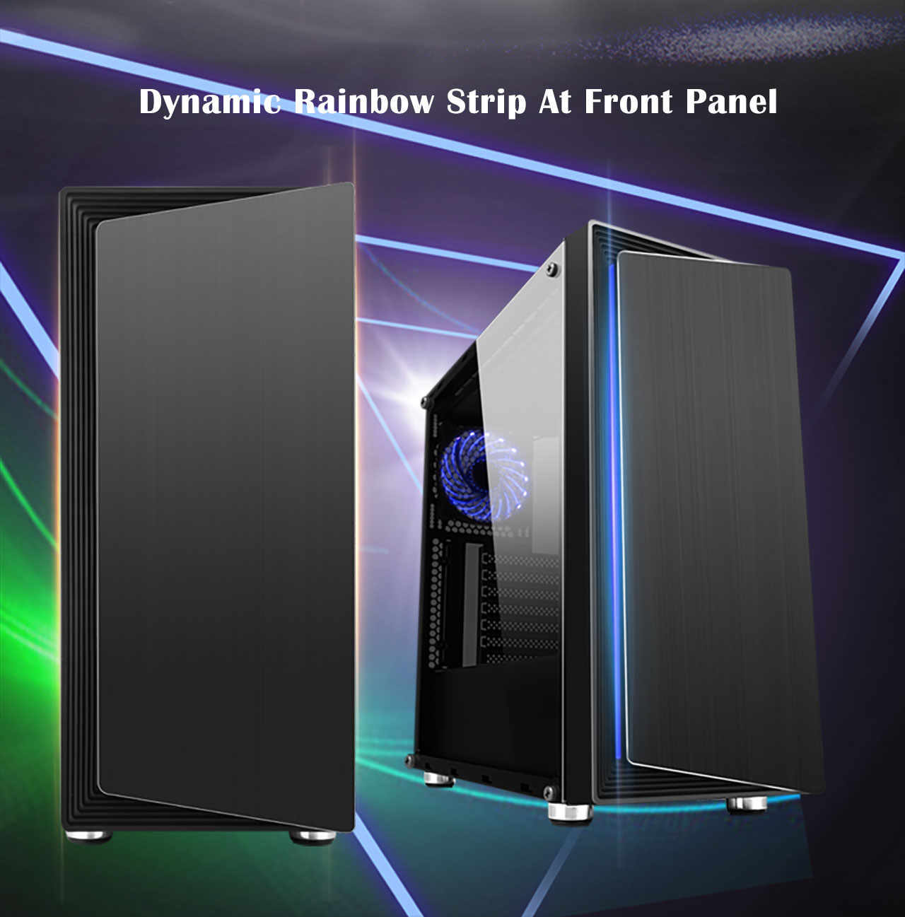 Two DIYPC DIY-Line-RGB Cases,one facing forward with orange lighting and the other facing to the right with blue lighting