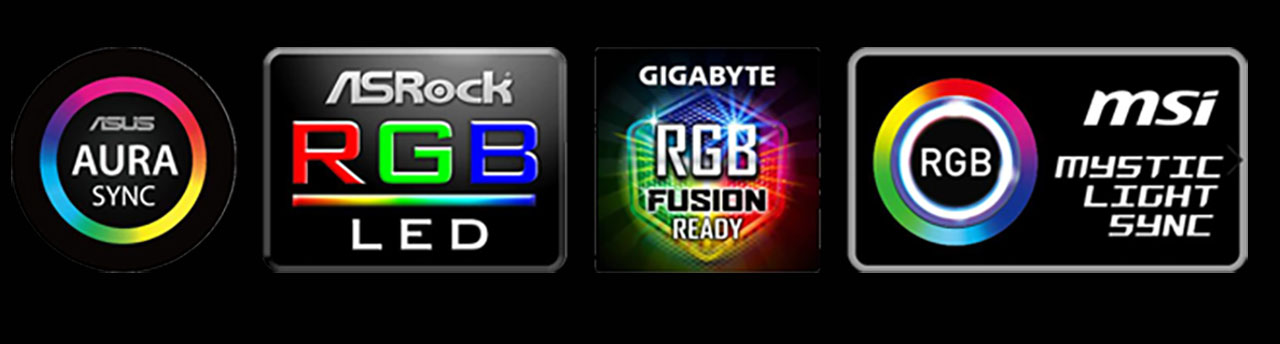 Logos of ASUS Aura Sync, ASRock RGB LED, GIGABYTE RGB Fusion and MSI Mystic Light