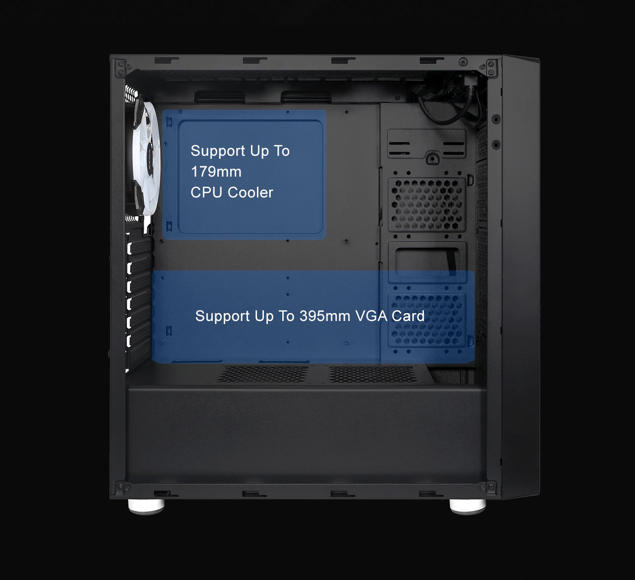 Case with its side panel removed with graphics and text indicating where the CPU cooler and graphics card can be installed
