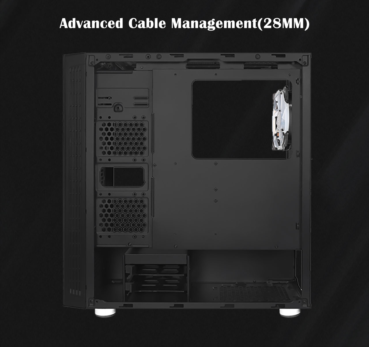 DIYPC DIY-SD1-RGB Case with side panel removed showing where cables can be routed with 28mm of space