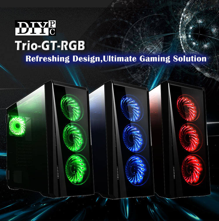 DIYPC Trio-GT-RGB Banner with three line up cases showing red, blue and green-lighted fans and text that reads: Refreshing Design, Ultimate Gaming Solution