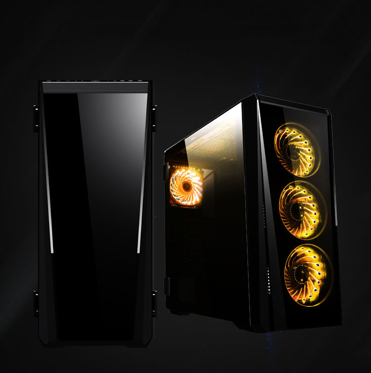 Two cases, one angled straight away with no lighting and one angled showing 4 fans lit up in gold