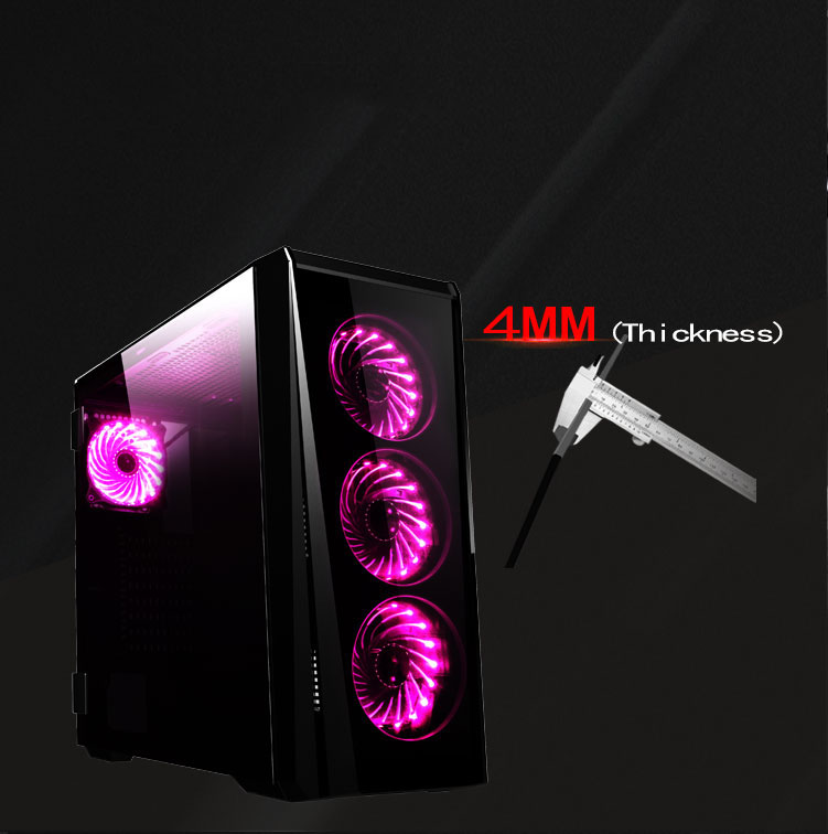 Trio GT-RGB case facing to the side showing pink-lit fans and text that reads: 4MM (Thickness)