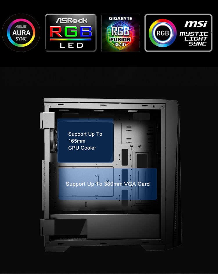 DIYPC case with logos of compatible RGB software and where the CPU cooler and graphcis card can be inserted