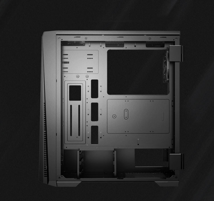 Side shot of the case with the panel removed showing where cables can be routed