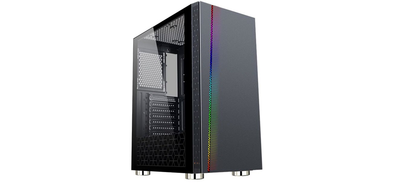 DIYPC DIY-D2-RGB computer case front view angled to right