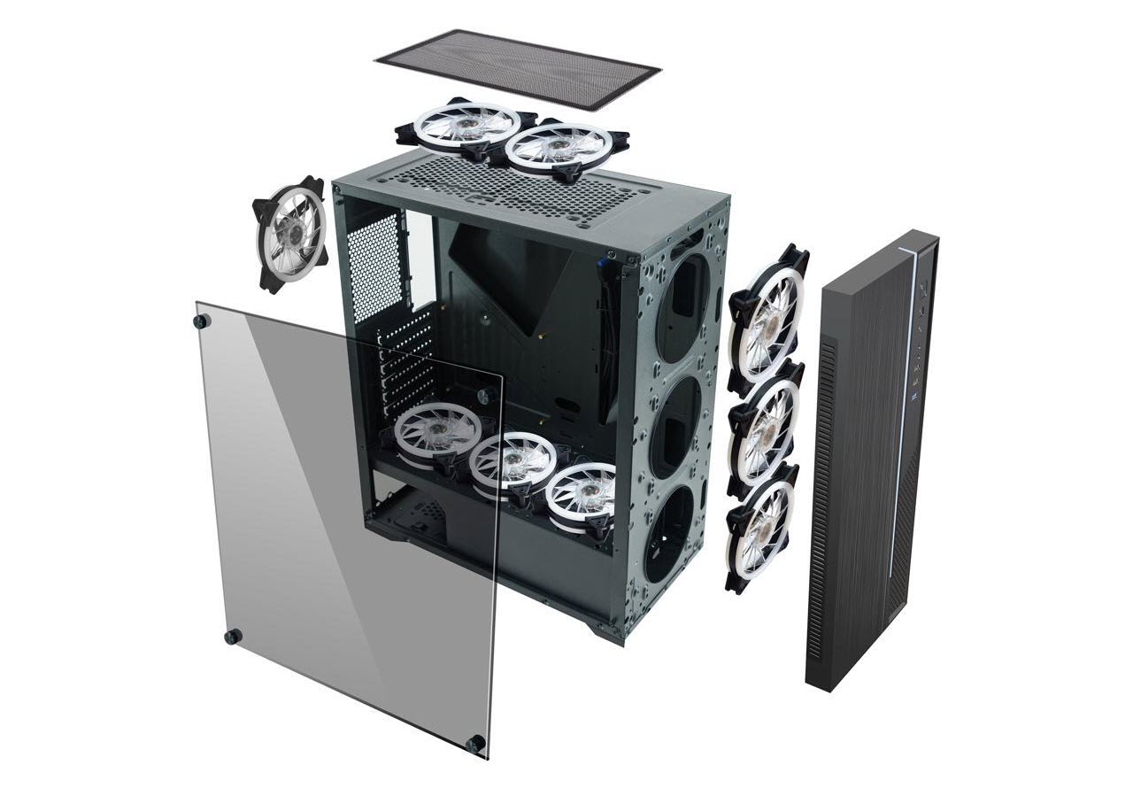 diagram of all the 9 fans that DIYPC DIY-D2-RGB can accommodate