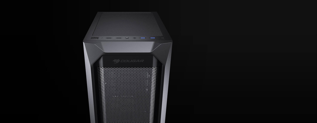 MX410 Mesh case is facing front with the front and top panel shown.
