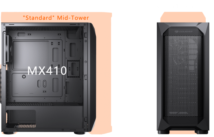 Two MX410 Mesh cases with one showing the interior with side panel removed and the other one showing the front panel.