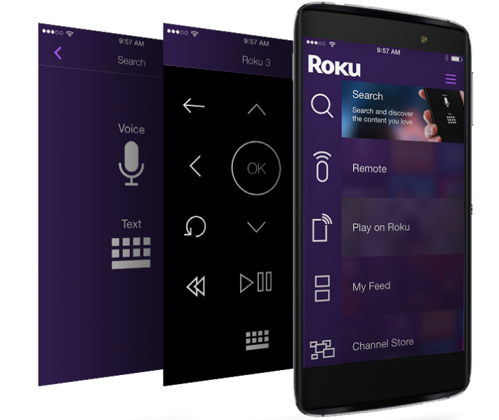 Smartphone Angled to the Right with Two more screens floating behind it of the Roku app