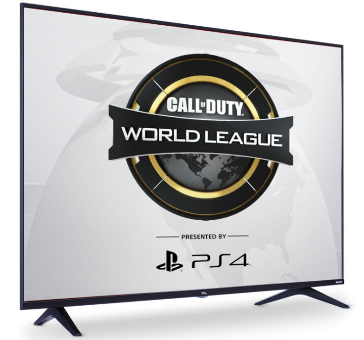 TCL Display angled to the right, showing the Call of Duty World League Presented by PlayStation 4 Logo