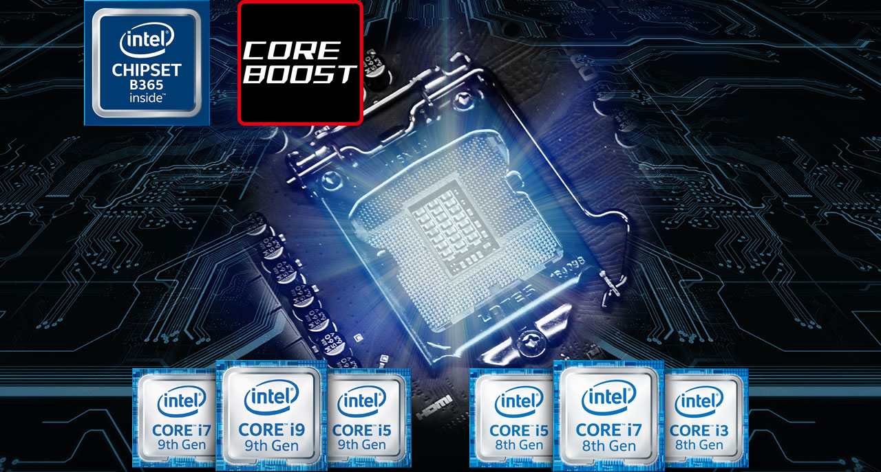 The highlighted CPU socket on a motherboard with logos of 8th and 9th generation Intel Core i3/i5/i7 processors below it, and with B365 chipset logo and Core Boost logo above it